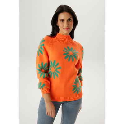 Strickpullover ANISTON SELECTED, Damen, Gr. 44, orange (orange, grün), Strick, Obermaterial: 100% Polyacryl, geblümt, gemustert, lässig geschnitten hüftlang, Rundhals, Raglanärmel Rippstrickbündchen, Pullover Strickpullover, mit großen,...