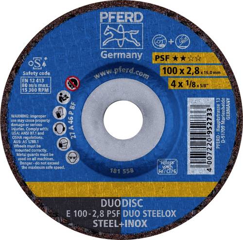 PFERD TOOLS 62010632 E 100-2,8 PSF DUO STEELOX/16,0 Schruppscheibe gekröpft Durchmesser 100mm Bohrungs-Ø 16mm Edelstahl, Stahl