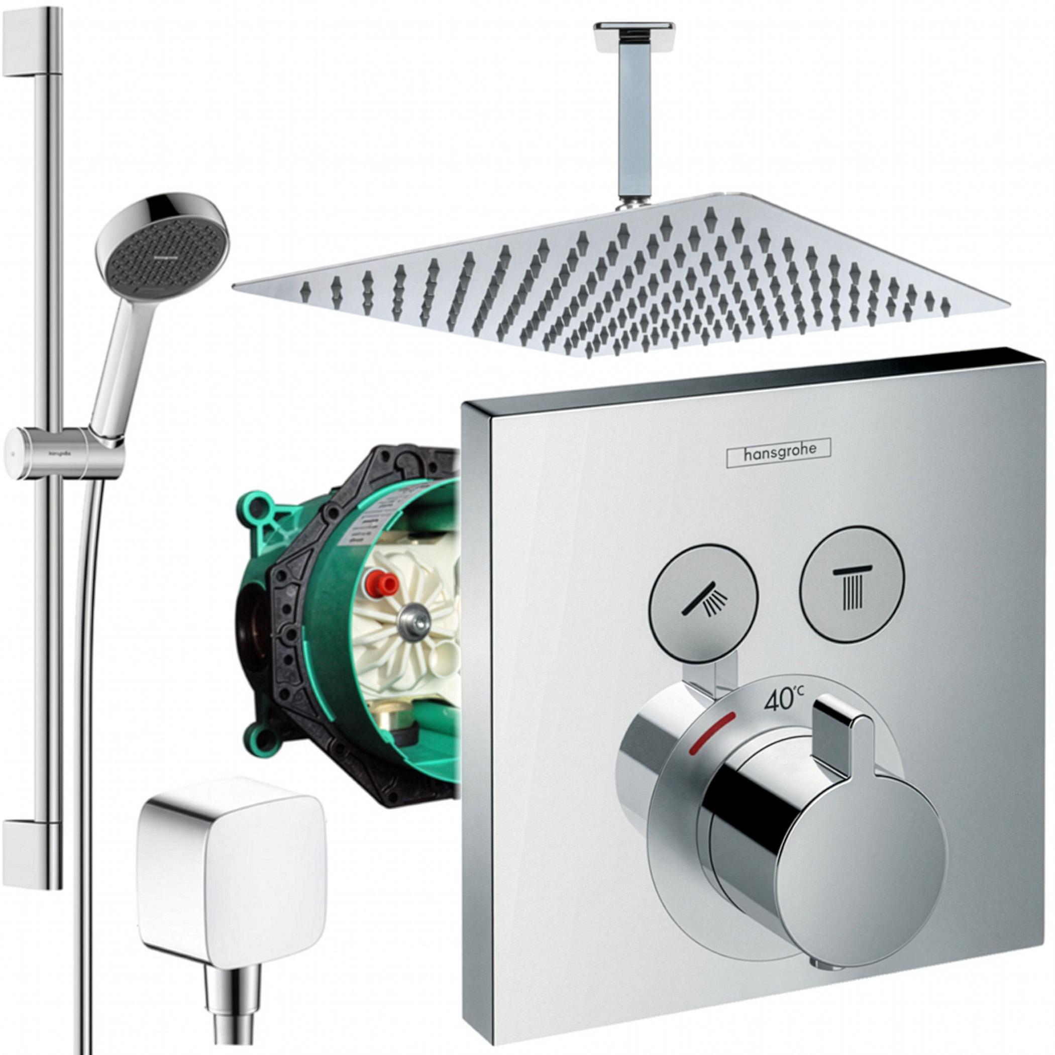 Hansgrohe und Jowi Unterputz Duschsystem ShowerSelect Thermostat Duscharmatur, mit 650mm Brausestange, Regendusche, Deckenanschluss
