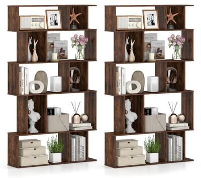 Costway Geometric Bookshelf Set of 2 5-Tier Bookcase with Open Shelves and Closed-back Cubes-Brown