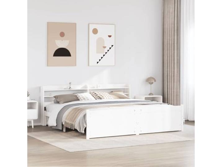 RJPLMFV Bettgestell, Weiß, 180 x 200 cm, mit Kopfteil Kiefer massiv, Lagerregale, Lattenrost inklusive, ohne Matratze