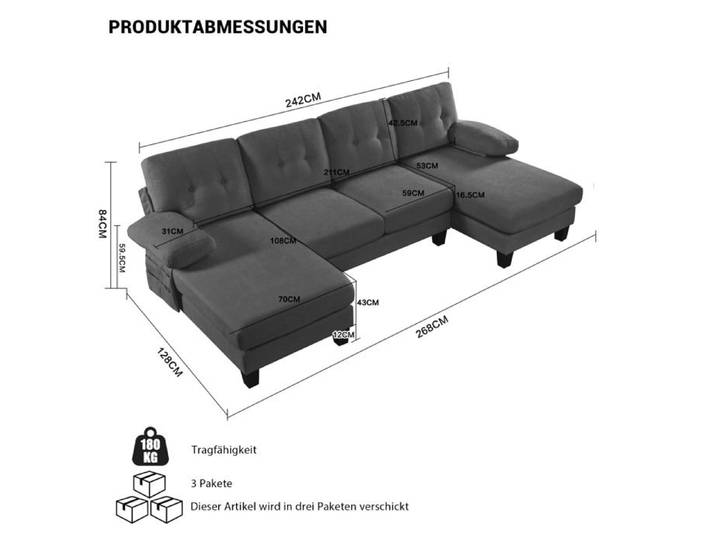 Modenuit canapé d'angle U 4 places en chenille grise avec double chaise longue et accoudoirs amovibles