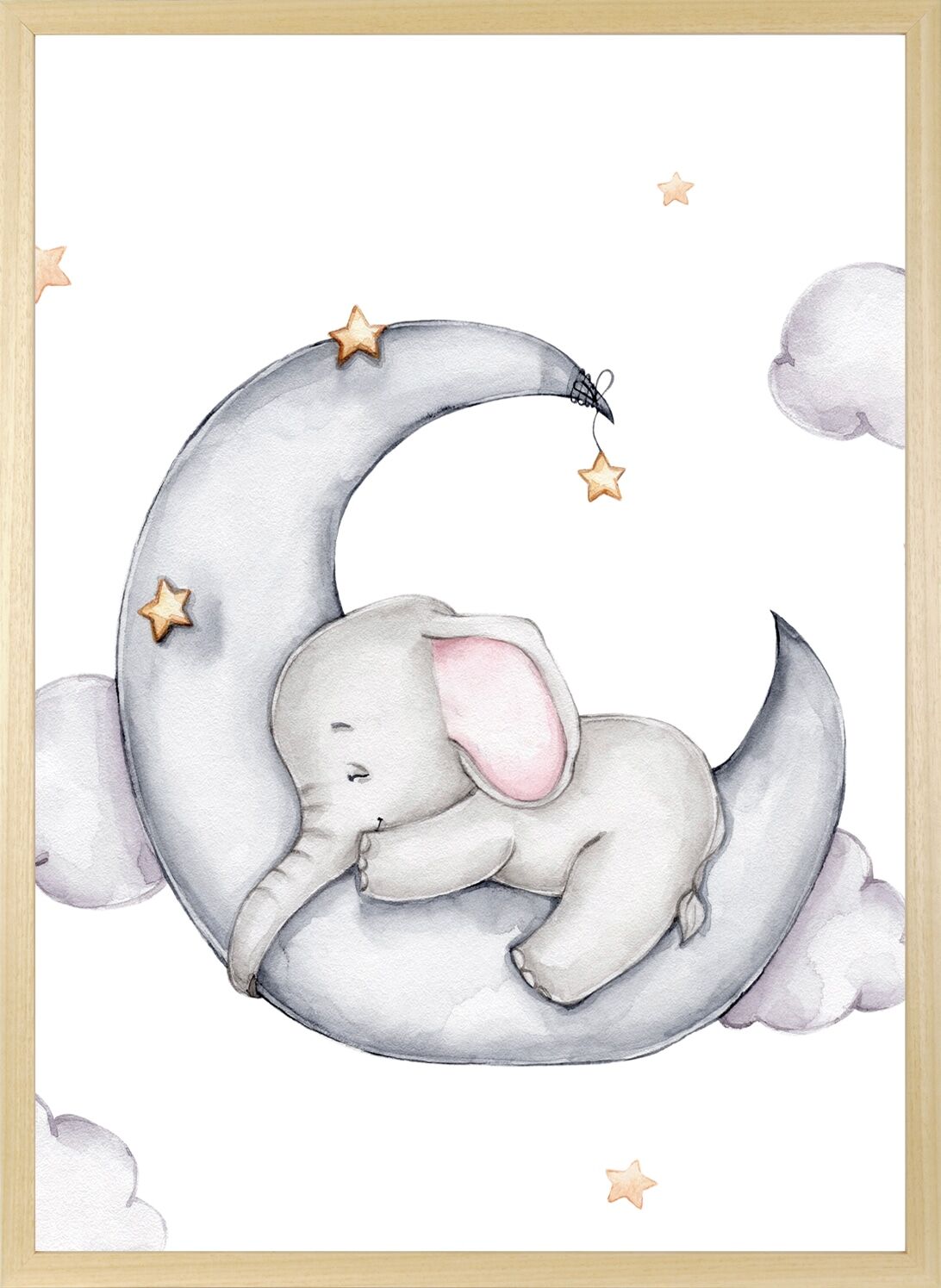 Bild mit Rahmen QUEENCE "Elefant auf Halbmond", grau (farbe rahmen: natur, braun, beige, farbe bild(er): grau), B:40cm H:50cm T:1,5cm, Massivholz, Plexiglas, Bilder, Bild mit Rahmen, HD Premium Posterdruck mit Echtholzrahmen farbe rahmen: natur, braun, be
