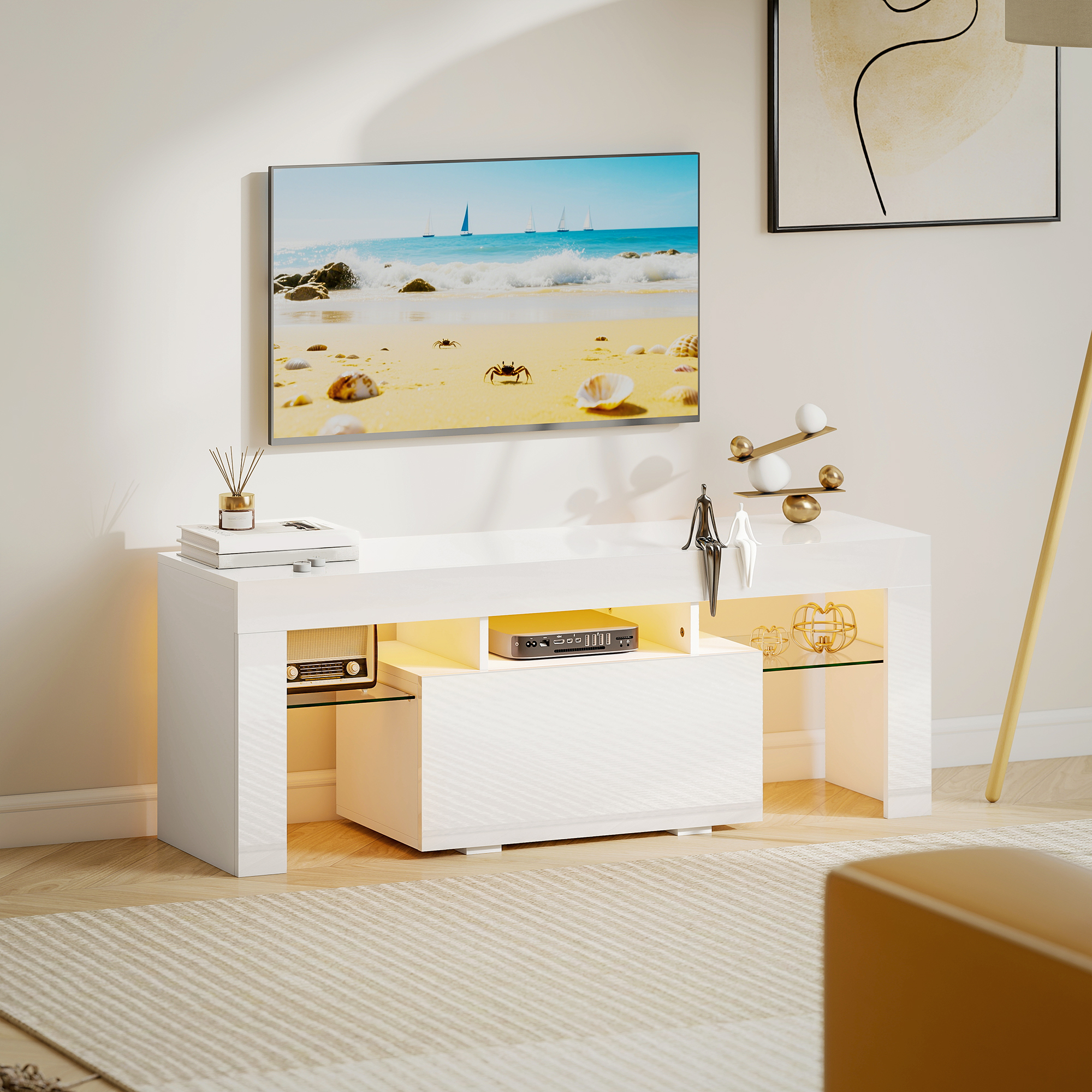 Homcom Mobile TV, con illuminazione LED e ripiani in vetro temperato, 120x34x45cm, Bianco   Aosom Italy