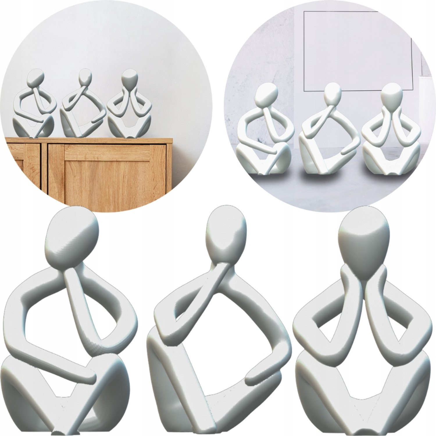 Set van 3 Witte Denker Beeldjes voor Moderne Woonkamer Decoratie