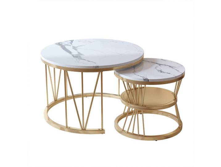 Couchtisch 2er Set Beistelltisch Rund, Gold, Goldfarben, Metall, rund, 70x45x70 cm, Wohnzimmer, Wohnzimmertische, Couchtische