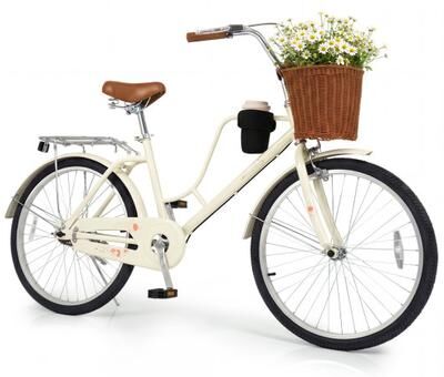 Costway 24-Inch Beach Cruiser Bike with Cup Holder and Woven Basket - Beige