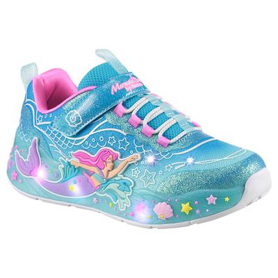 Sneaker SKECHERS "MERMAID DREAMS LIGHTS", Mädchen, Gr. 34, bunt (türkis, multi), Synthetik, Textil, Glitzer, kontrastfarbene Details, Schuhe Sneaker, Blink,-Klettschuh mit Applikation, Größenschablone zum Download