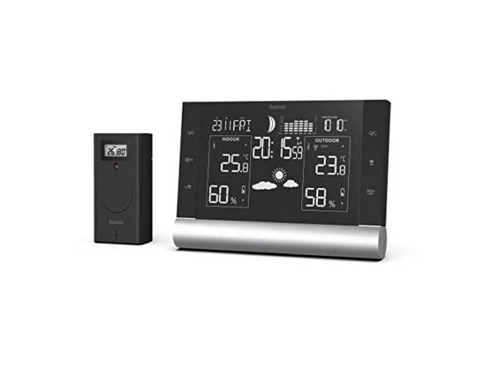 Hama Station Météo Horloge 'Black Line Plus' avec sonde extérieur sans fil (thermomètre\, hygromètre\, prévisions météorologiques\, réveil\, phases lune\, divers fonctions\, extensible à 3 capteurs) Noir