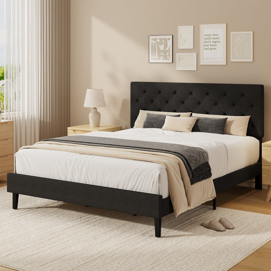 Rebrilliant Bed Frames with Button Tufted Headboard, Linen Upholstered Bed with Wooden Slats Support Grey 150x200