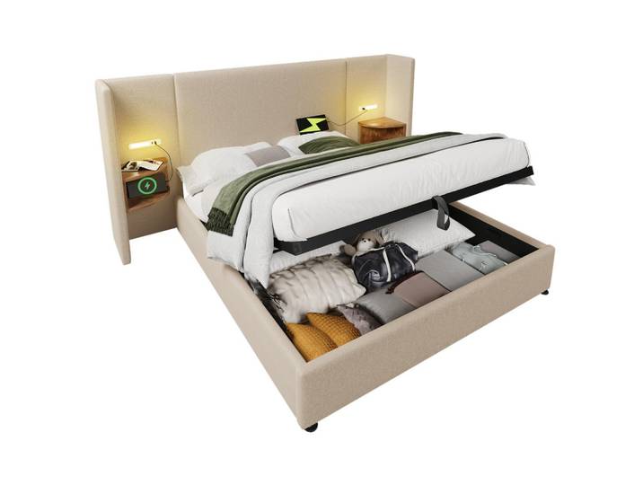 Okwish Polsterbett 160/200 cm Beige mit Stauraum und Leselampe, 160x200 cm, Schlafzimmer, Betten, Polsterbetten