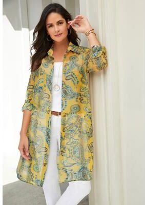 Plus Size Women's Sheer Georgette Mega Tunic by Jessica London in Yellow Playful Paisley (Size 34 W) Long Sheer Button Down Shirt