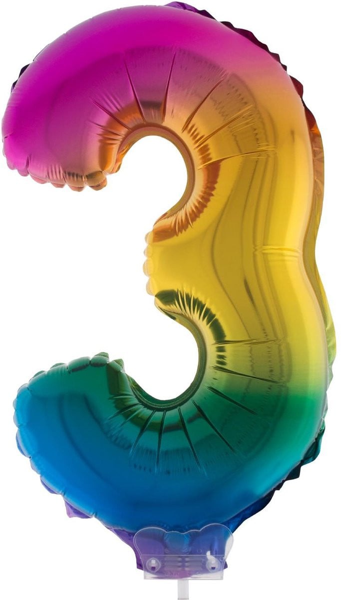 Folieballon Cijfer 3 Regenboog - 41 cm
