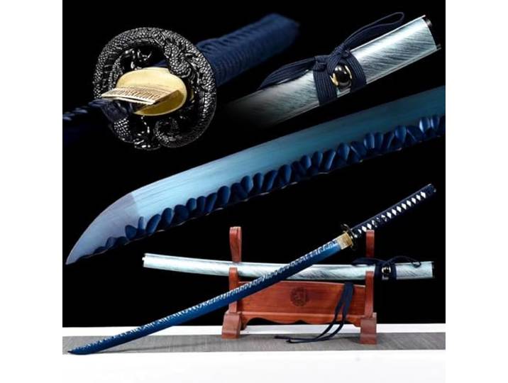 KWXPW 103cm blaues Drachen-Katana,Kohlenstoffstahl Klinge mit geschmiedetem Steinmuster,Holzscheide,Handgefertigt Samurai-Schwert,Japanisches Katana für Kendo-Übungen,Geschenke,Dekoration,Cosplay