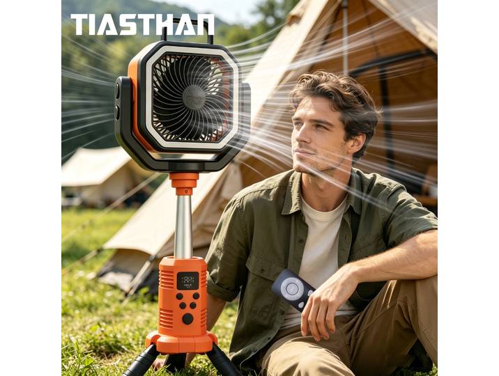 Ventilateur de camping 30000mAh avec lumière, tête oscillante gauche et droite, 4 vitesses de vent, ventilateur électrique pour pêche, randonnée et extérieur avec trépied