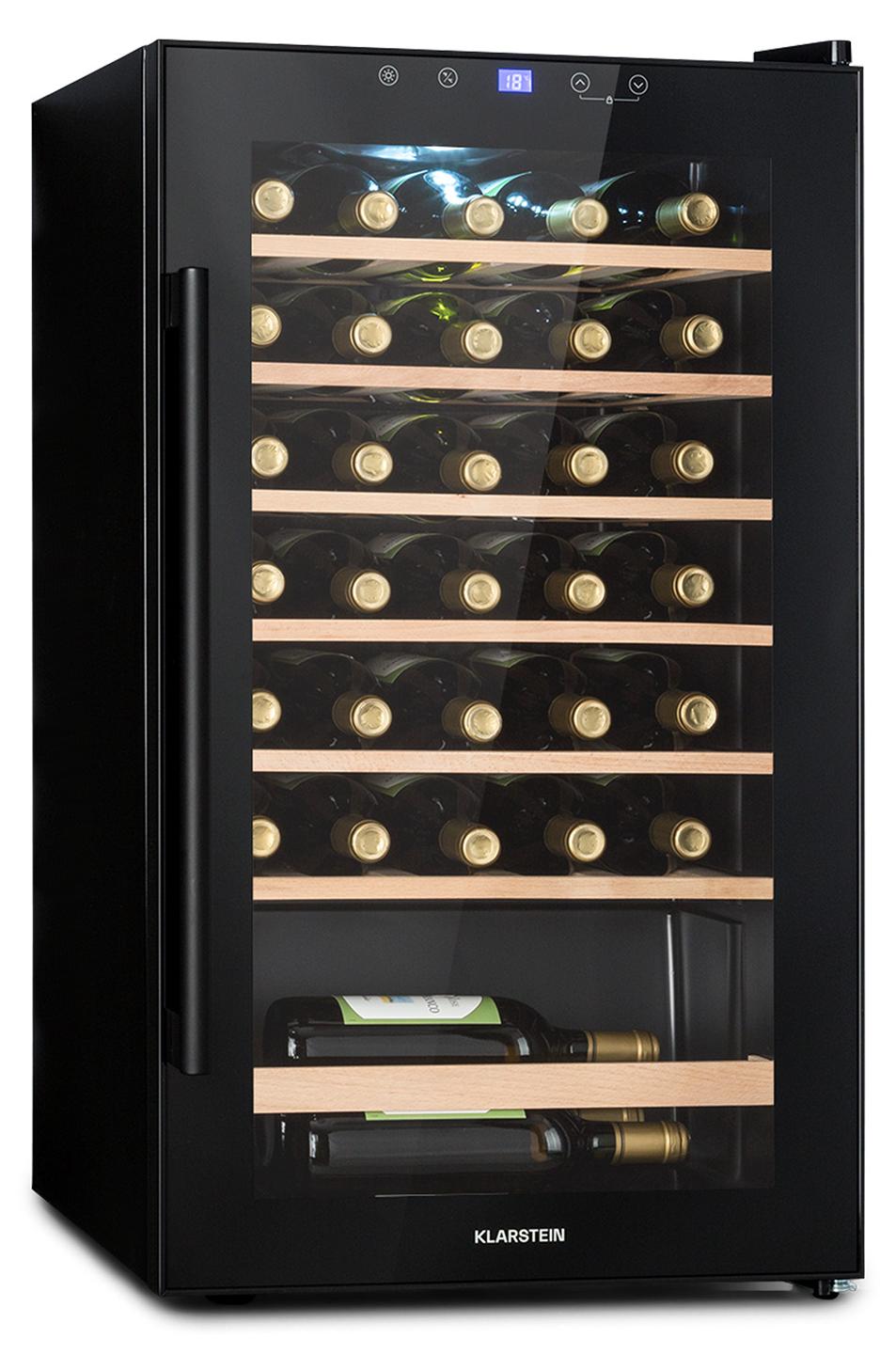 Klarstein Weinkühlschrank, Getränkekühlschrank Schmal, 1 Zone Kühlschrank mit Glastür, Getränkekühlschränke Freistehend, Weinkühlschrank Klein, Weinkühlschränke mit UV-Schutz, 4-18°C, 36 Flaschen