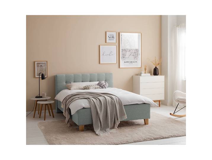Polsterbett Woodlake I 160 x 200cm Webstoff Mavie Bianco/Mint ohne Stauraum Eiche