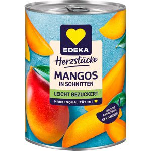 Edeka Obstkonserve Herzstücke Mangos, leicht gezuckert, vegan, in Scheiben, in der Dose, 425 g