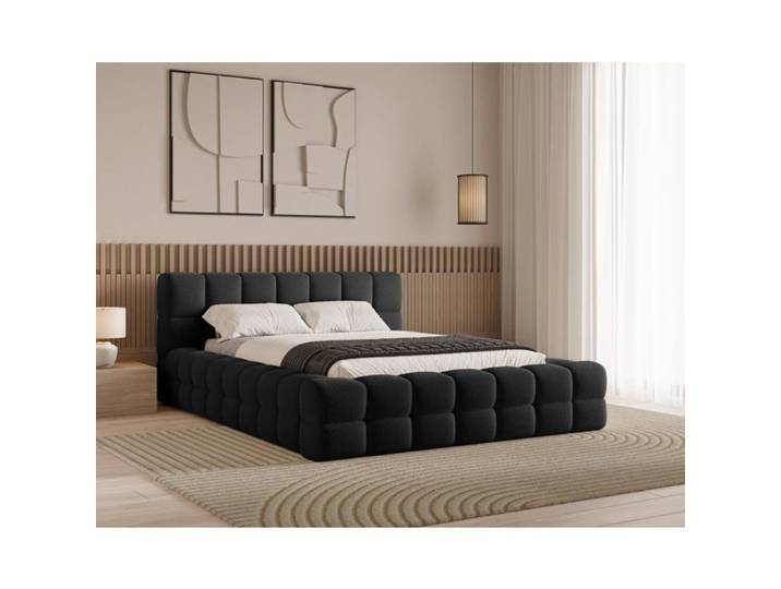 Chilly. Design Lit Verona 140 x 200 - Lit Coffre Rembourré - 2 Personnes - Revêtement Élégant Tissu Bouclé Noir