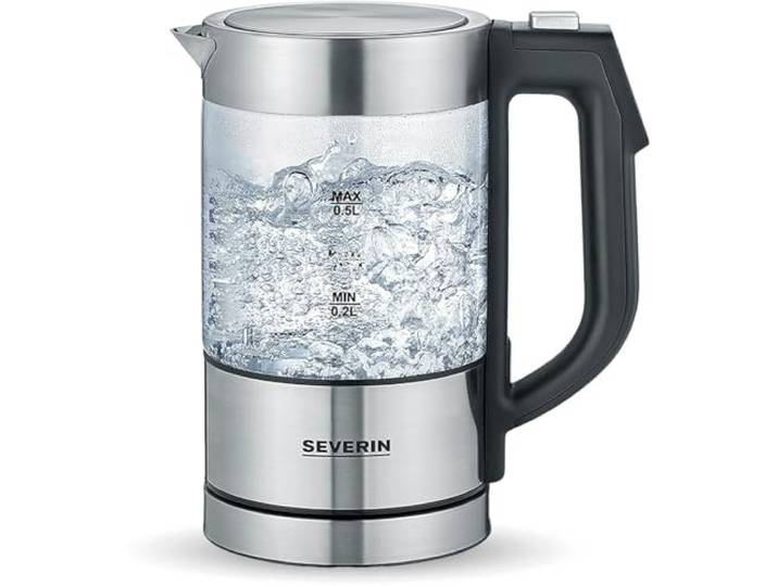 SEVERIN Digitale mini glazen waterkoker, compacte waterkoker met temperatuurkeuze, elektrische waterkoker met kalkfilter, glas/geborsteld roestvrij staal, zwart, WK 3458