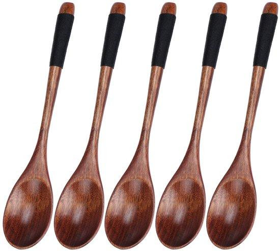 Unyqoos Set van 5 lange houten lepels in Japanse stijl van natuurlijk hout
