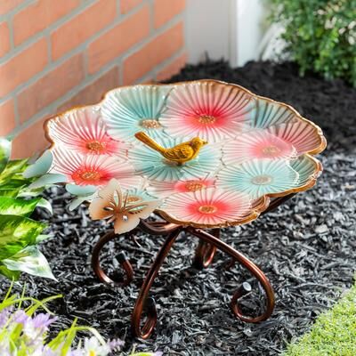 Evergreen "17"" Metal Sculpted Edge Bird Bath, Butterfly & Flowers"