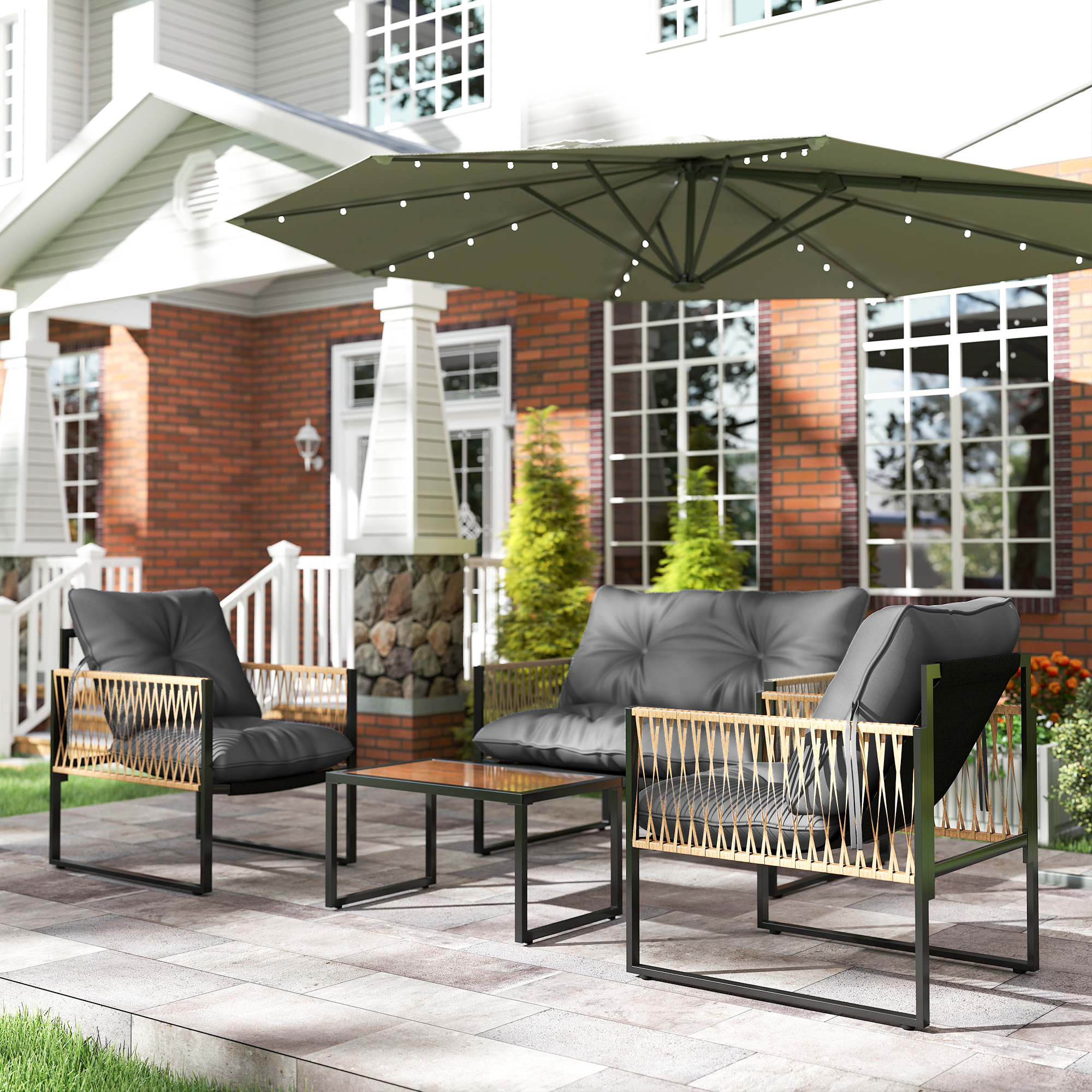 Outsunny Set da Giardino Esterno in Rattan Sintetico con 2 Poltrone 1 Divano 2 Posti 1 Tavolino da Centro e Cuscini Grigio   Aosom Italy