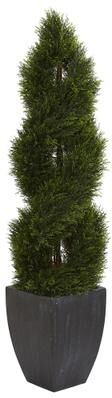 Nearly Natural 5' Double Pond Cypress Spiral Topiary Artificial Tree in Black Wash Planter UV Resistant (Indoor/Outdoor) - Green