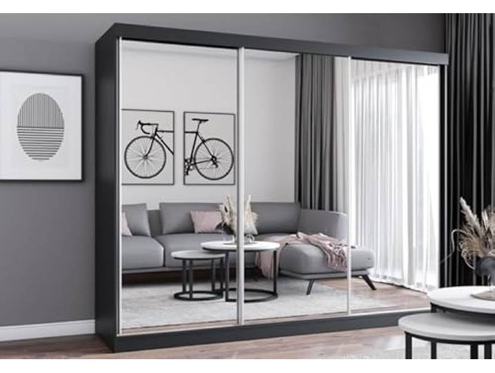Easy4You MN Schwarz Schiebetürenschrank Kleiderschrank 250x215x62 cm mit Spiegel - Schlafzimmermöbel, Aufbewahrung – Mehrzweckschrank mit 3 Kleiderstangen und 3 Schubladen