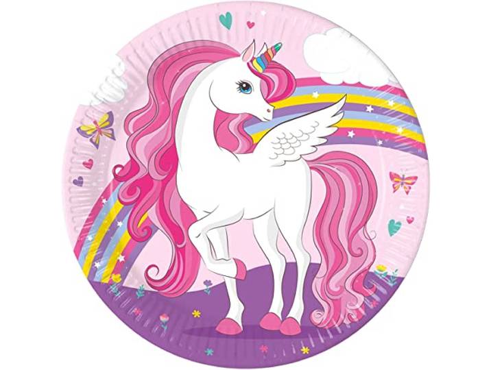 Procos 93757 93757 borden Unicorn Rainbow Colors, 23 cm, 8 stuks, FSC, wegwerpborden, kartonnen borden, verjaardag, themafeest, meerkleurig