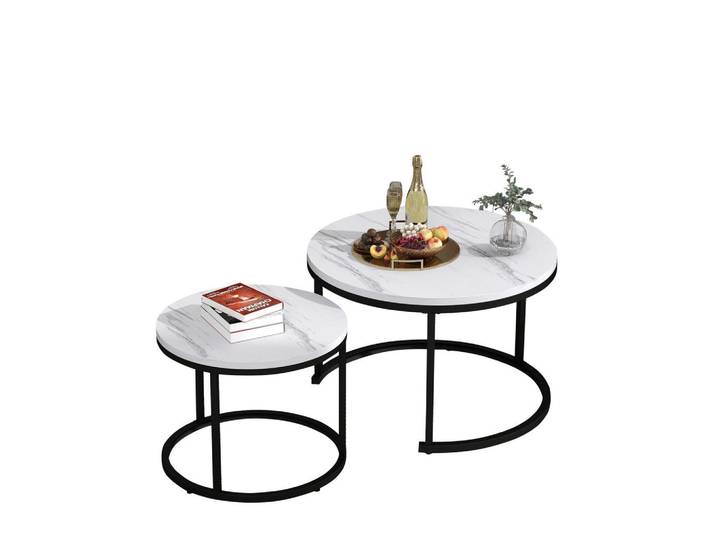 Redom Couchtisch 2er-Set, MDF mit Marmoroptik, verschachtelbar, 50/70,5 + 45,5/44 cm, Weiß, Zylindrisch,Zylindrisch, 71x50x71 cm, Wohnzimmer, Wohnzimmertische, Couchtische