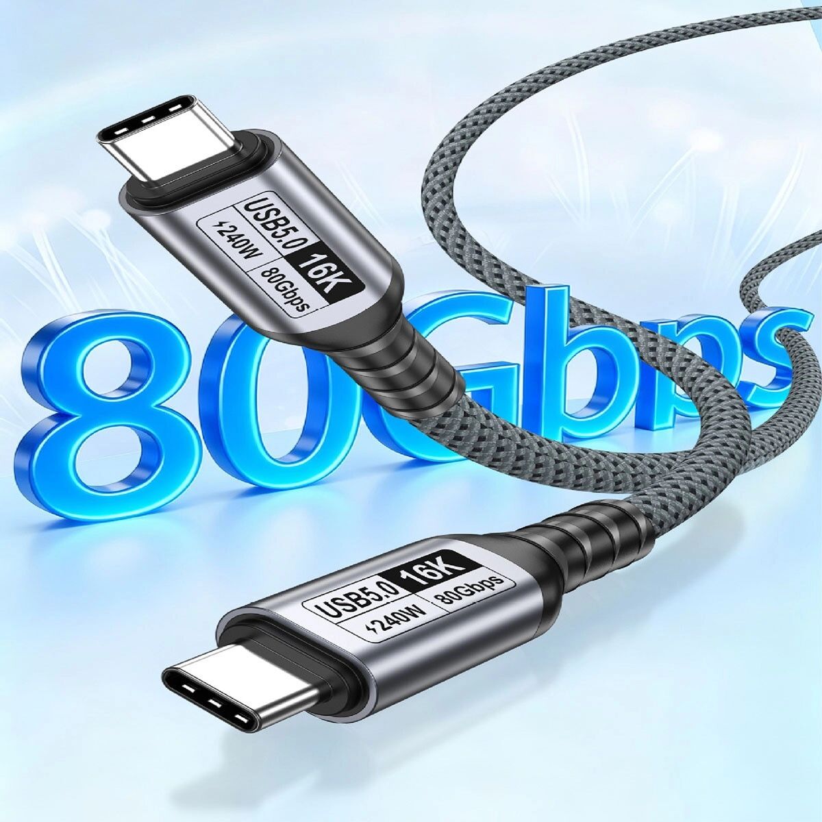 INF Câble USB5 Type-C vers Type-C - 80Gbps, 16K vidéo, Charge rapide PD 240W 5A, Nylon tressé et alliage d'aluminium 0,3 m