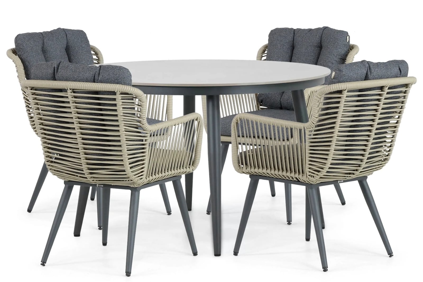 Coco Custa/Vienna 5-delige moderne tuinset met ronde keramische tafel en aluminium stoelen, wit