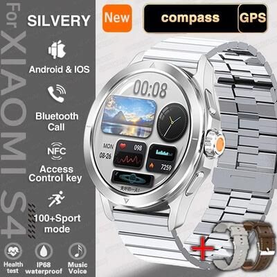 Uplift Essentials S4 Ultra Smart Watch AMOLED, GPS, Compass, NFC & Bluetooth Call Men's Rugged Outdoor Sport SmartWatch silver Steel 2a