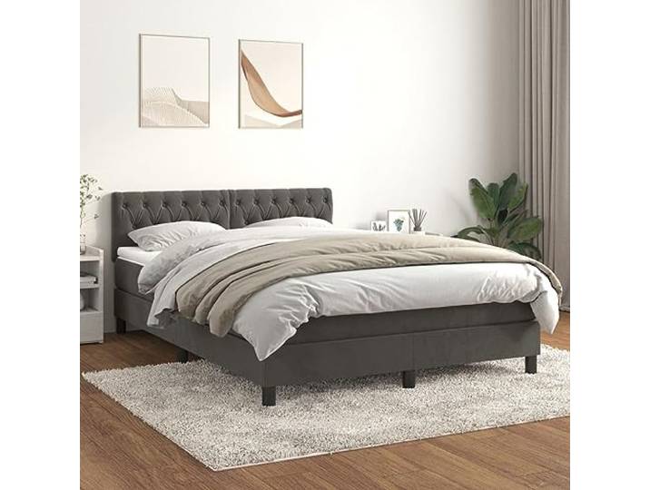RJPLMFV Bett, Lattenrost, Matratze, Dunkelgrau, 140 x 190 cm, Velours Verstellbares Kopfteil, Taschenfedern, mittelharte Unterstützung, weicher Matratzenschoner