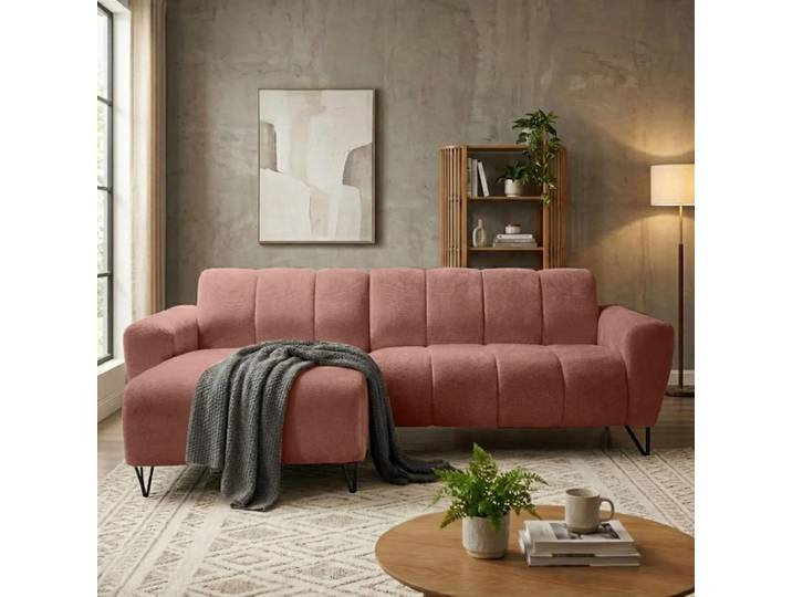 Ecksofa VOLARE MINI L-Form, Ottomane links, Chenille Vega in Kupferrot , Sofa ohne Schlaffunktion, dekorative schwarze Metallbeine