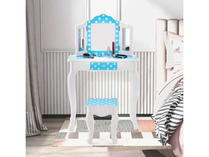 GOPLUS Coiffeuse Enfant avec Tabouret 2 en 1 Table de Maquillage avec Miroir Rabattable Tiroir Unique Plateau Amovible Bleu