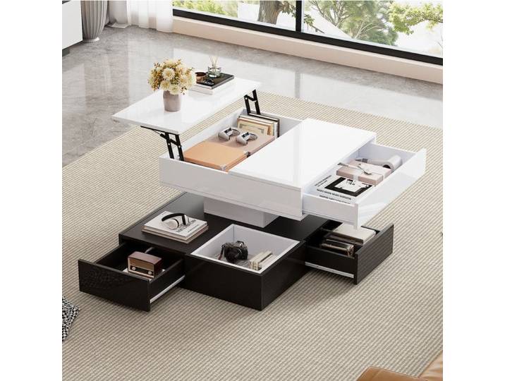 Table Basse avec Plateau Pivotant à 360° Table de Salon Double Couche avec 3 Tiroirs Table Basse Relevable 70x70x40cm Blanc+Noir