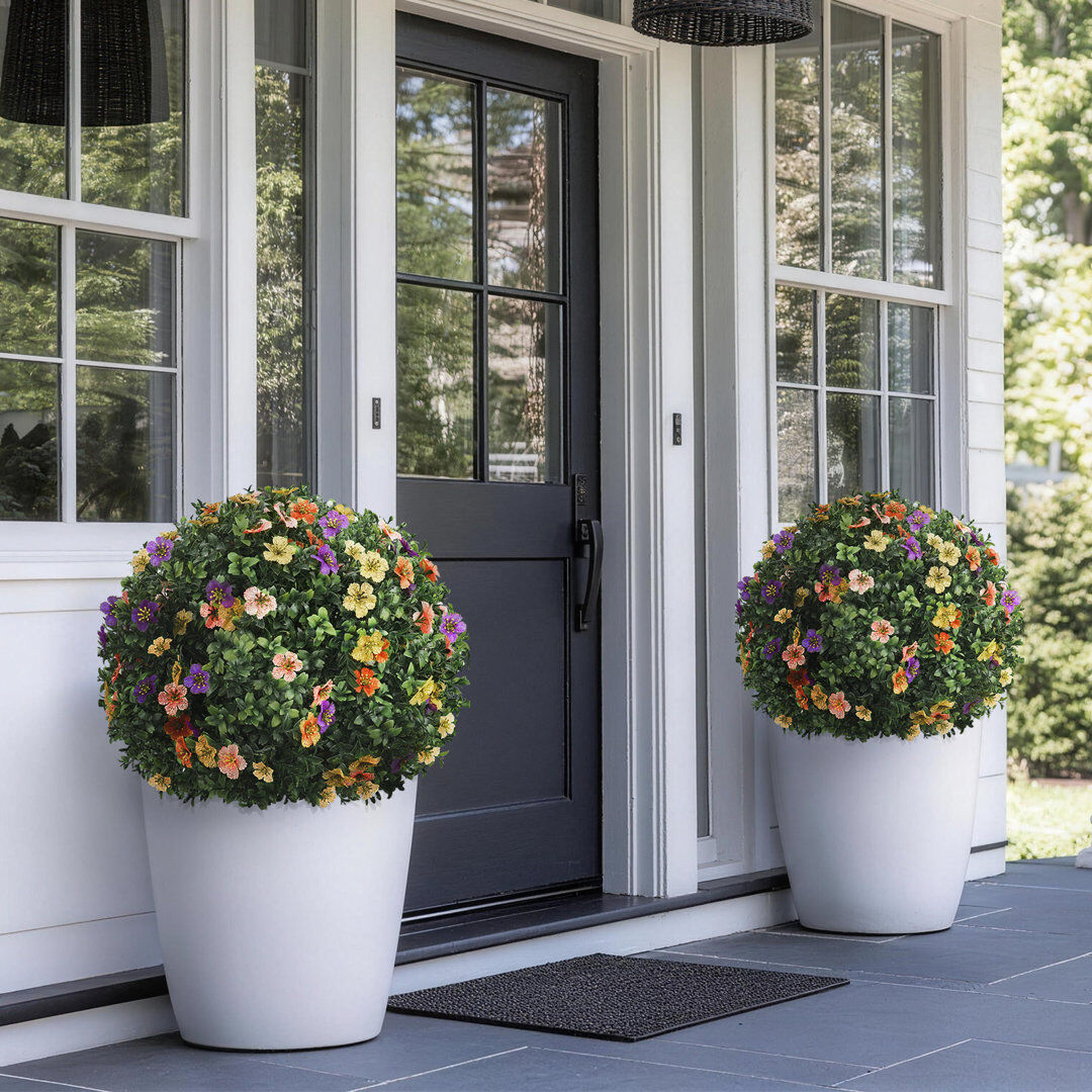 Brayden Studio 2 Pack Artificial Boxwood Topiary Ball, Artificial Flowers Outdoor, Fake Plants Plastic Shrubs Faux Evergreen Greenery for Front Door Garden Indoor H Green 60cm H X 40cm W X 40cm D