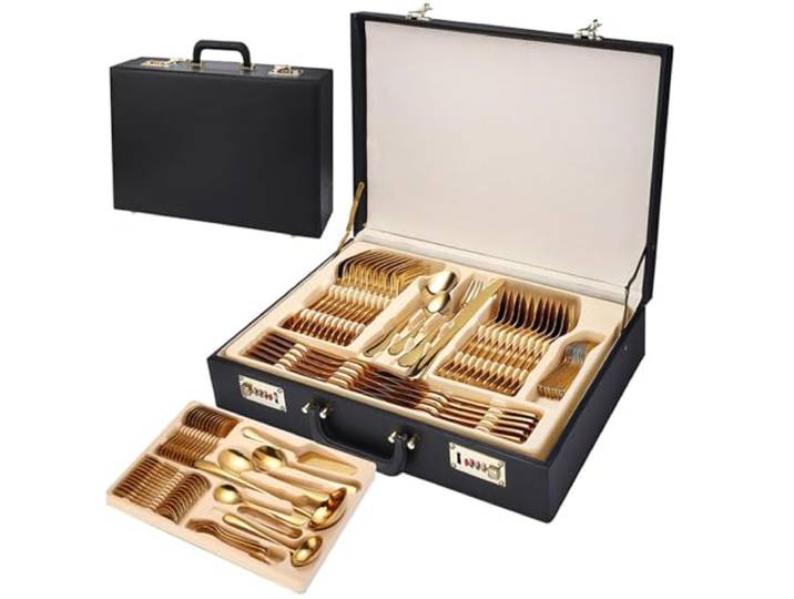MiBoce 84-teiliges Edelstahl-Besteck-Set, Hochglanzpoliertes Besteck-Utensilien-Set Mit Koffer, Messer, Gabel Und Löffel Im Westlichen Stil, Für Hochzeit, Party, Hotels