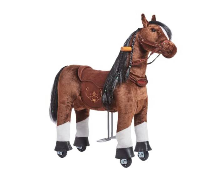 PONNIE Reitpferd mit Rollen Happy S (3-6 Jahre), Spielpferd zum Reiten mit Abnehmbarer Braun Sattel und Halfter mit Zaumzeug, Kämmbare Mähne und Schwanz, Plüschpferd zum Reiten für Kinder