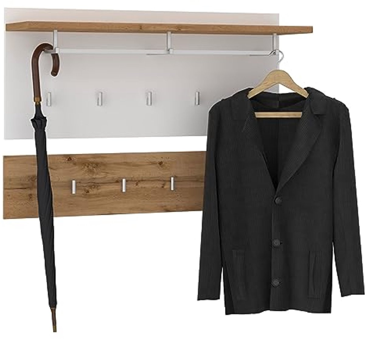 Moderne Wandgarderobe Set met 9 Kledinghaken en Hoedenplank - Wotan Eiken/Wit