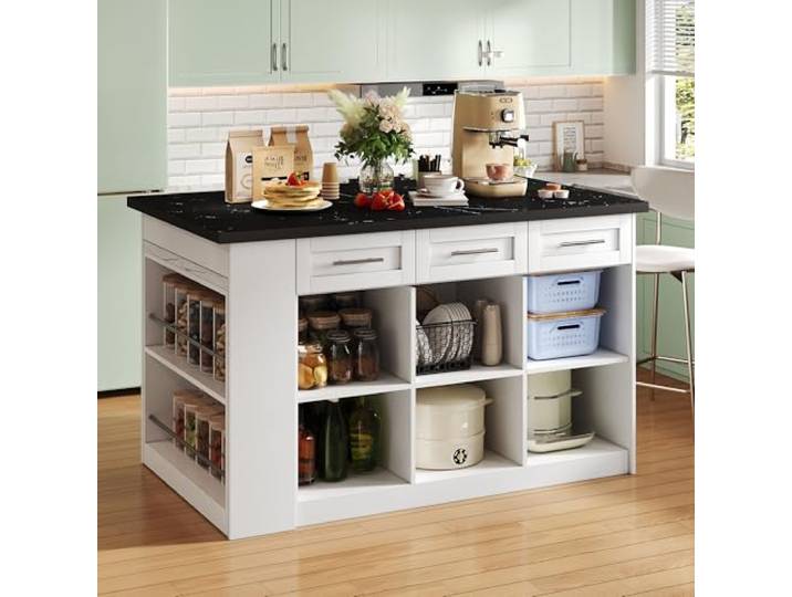 Aunvla Multifunktionale Kücheninsel mit 150cm+96cm, weißer ausziehbarer Esstisch, schwarz/weiß marmorierte Holzarbeitsplatte/Tisch, integrierte Stauschränke, ideal für Familienküchen, Potluck Dinners