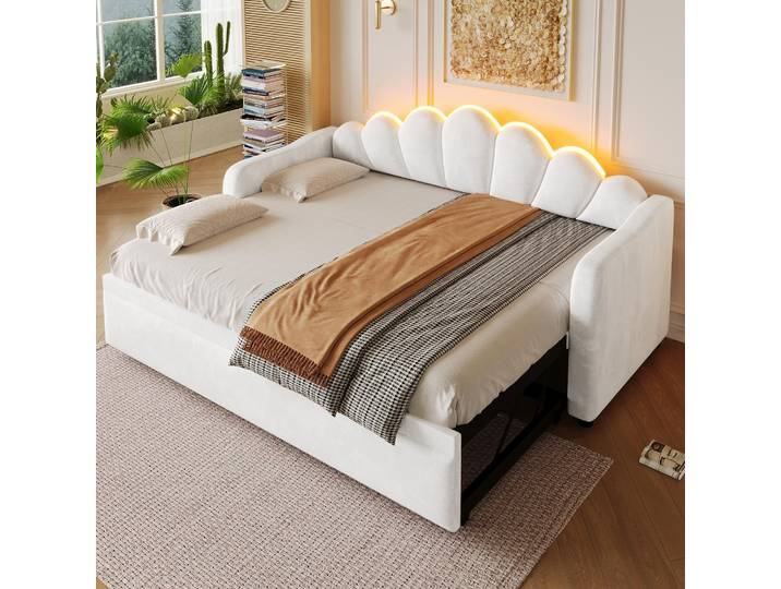 STILVORA Tagesbett 90x200 cm mit Ausziehfunktion und LED-Beleuchtung, Polsterbett mit ausziehbarer Funktion flach oder aufgestellt, Kinderbett platzsparend Weiß