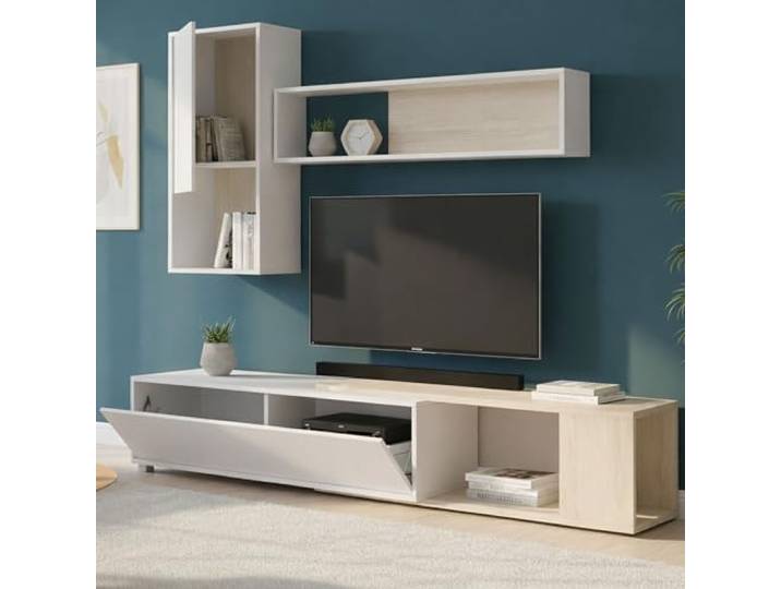 Dmora - Wohnwand Denali, modulares Eck-Wohnzimmerset, Multipositions-Wohnzimmermöbel, 230 x 41 x 180 cm, Weiß und Eiche