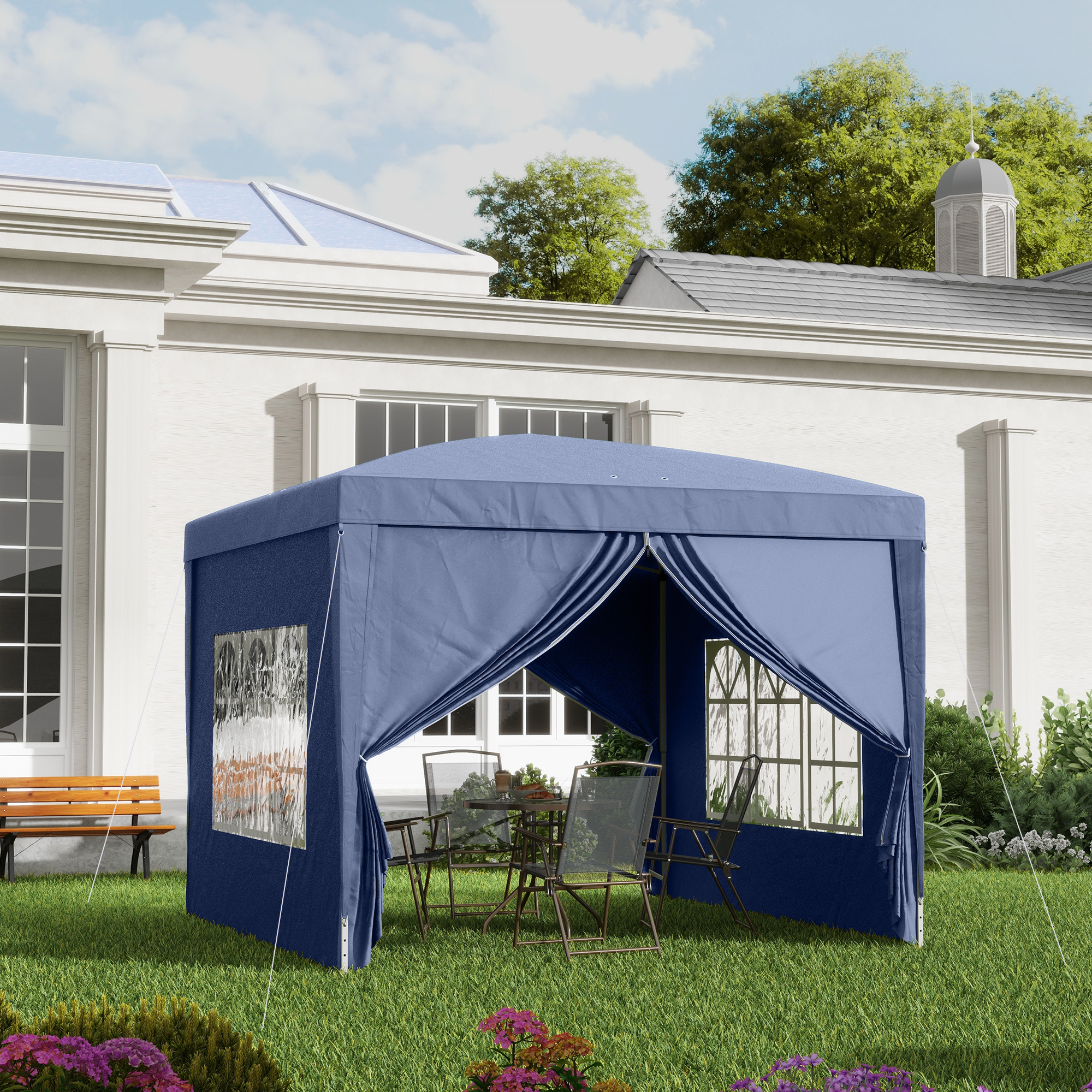 Outsunny Gazebo da Giardino 3x3m Pieghevole con Borsa da Trasporto, Copertura impermeabile, con Corde e Picchetti Inclusi,Blu   Aosom Italy