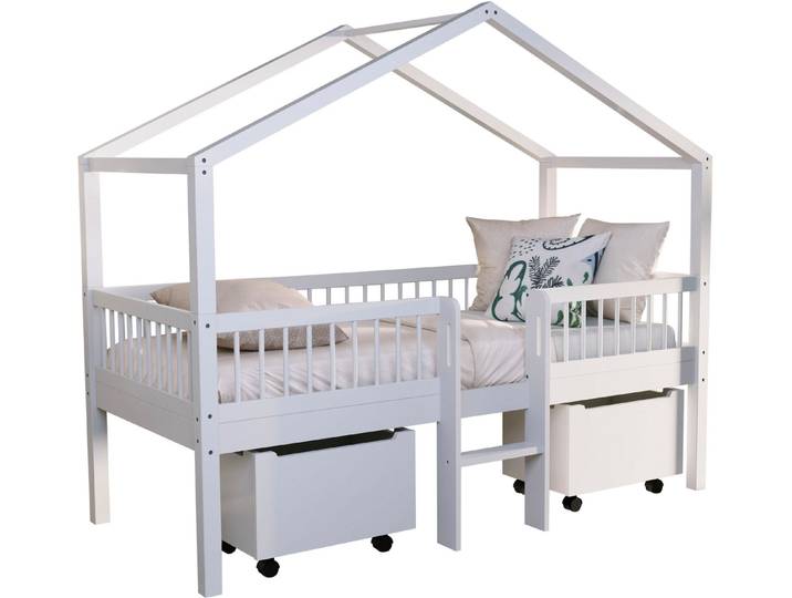 Vipack Hausbett Inkl. Dachaufbau, Leiter und Rolllattenrost, Made in Europe (wahlweise mit und ohne dekorativem Textilhimmel erhältlich), hochwertig und stabil bebaut, Buche massiv weiß lackiert