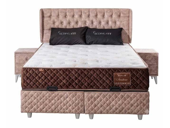 JVmoebel Schlafzimmer-Set Beiges Schlafzimmer Set 3 teilig Polsterbett Nachttische Stoff Modern, (Schlafzimmer-Set, 3-tlg., 3-tlg)