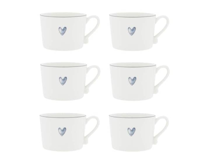 Bastion Collections 6er Set Tassen, Becher IRIS BLUE HEART Herz 300ml weiß blau