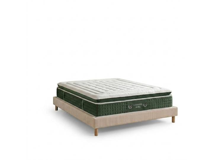 Ensemble lit matelas hôtel velours côtelé sable 180x200 cm